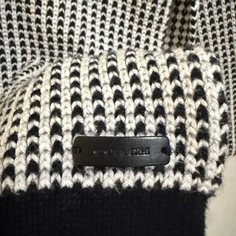 Coach Black & Ivory Knit Scarf w/ Leather Logo Patch